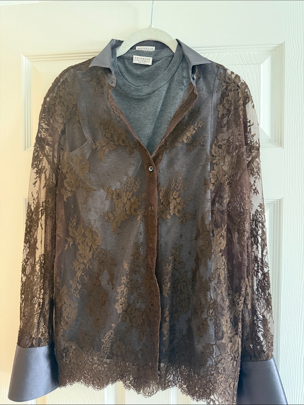 Brunello Cucinelli Sheer Brown Lace Button-Down Blouse & Tank